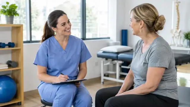 Physical therapist talking with a patient during an initial evaluation