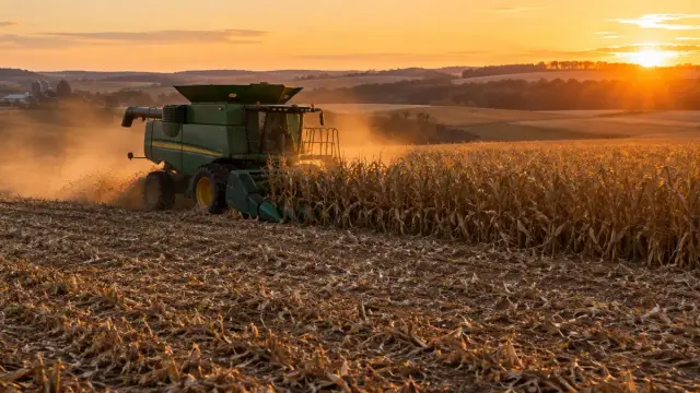 Combine harvesting corn on a Nebraska farm at golden hour
