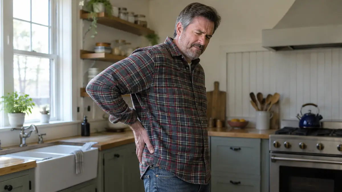Man holding his lower back and hip while standing in a kitchen