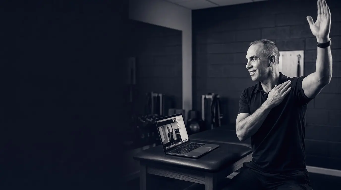Physical therapist conducting a telehealth sports physical therapy visit by video